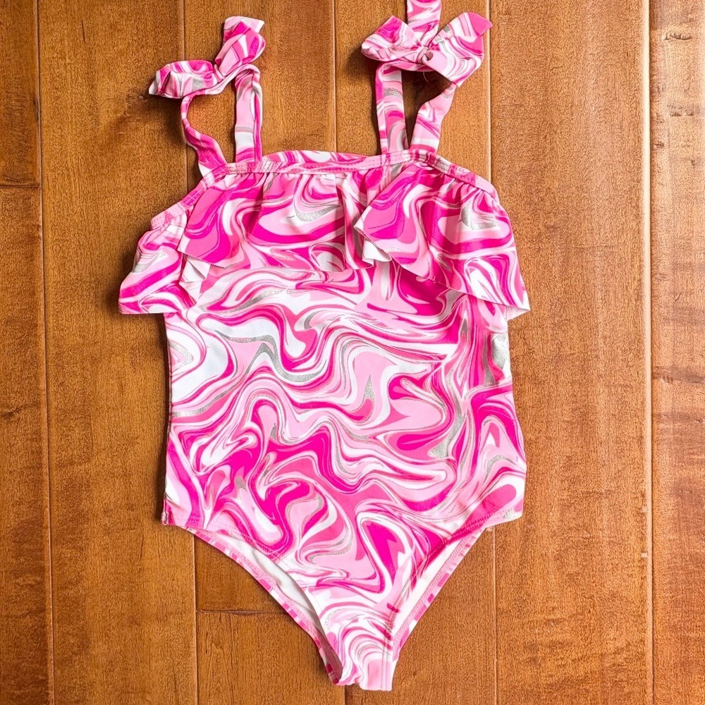 Tommy Bahama Marble Ruffle One Piece Swimsuit Girls 7 Pink